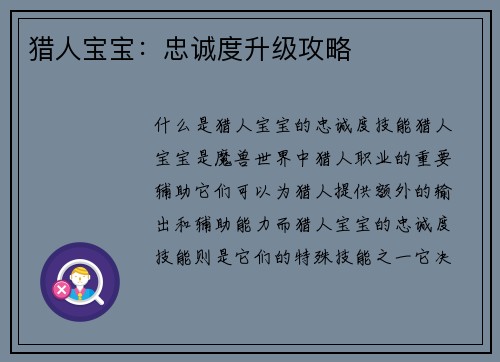 猎人宝宝：忠诚度升级攻略